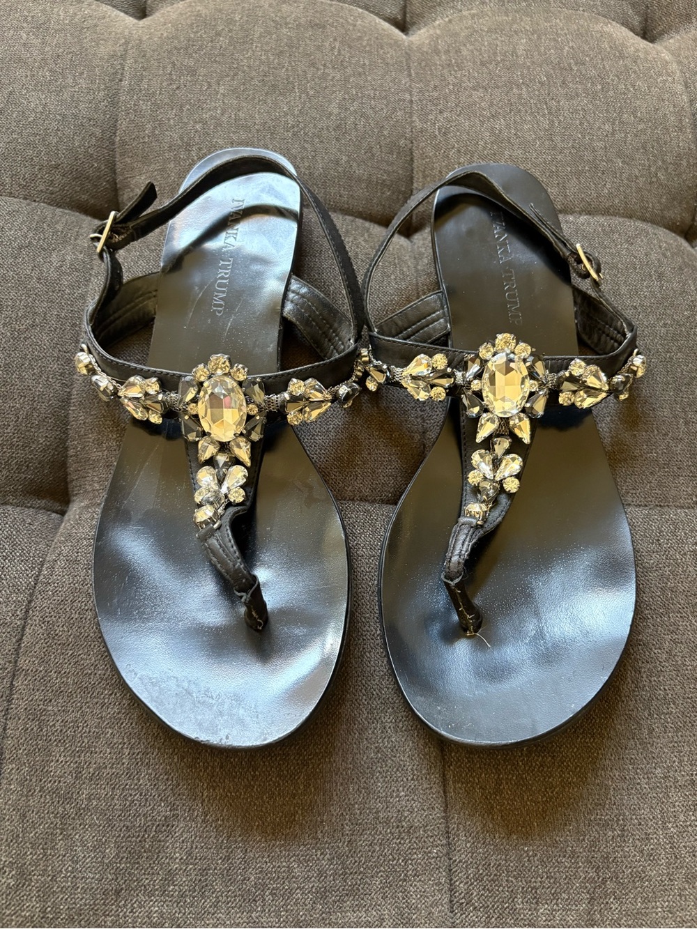 Ivanka Trump Black Jeweled T-Strap Sandals